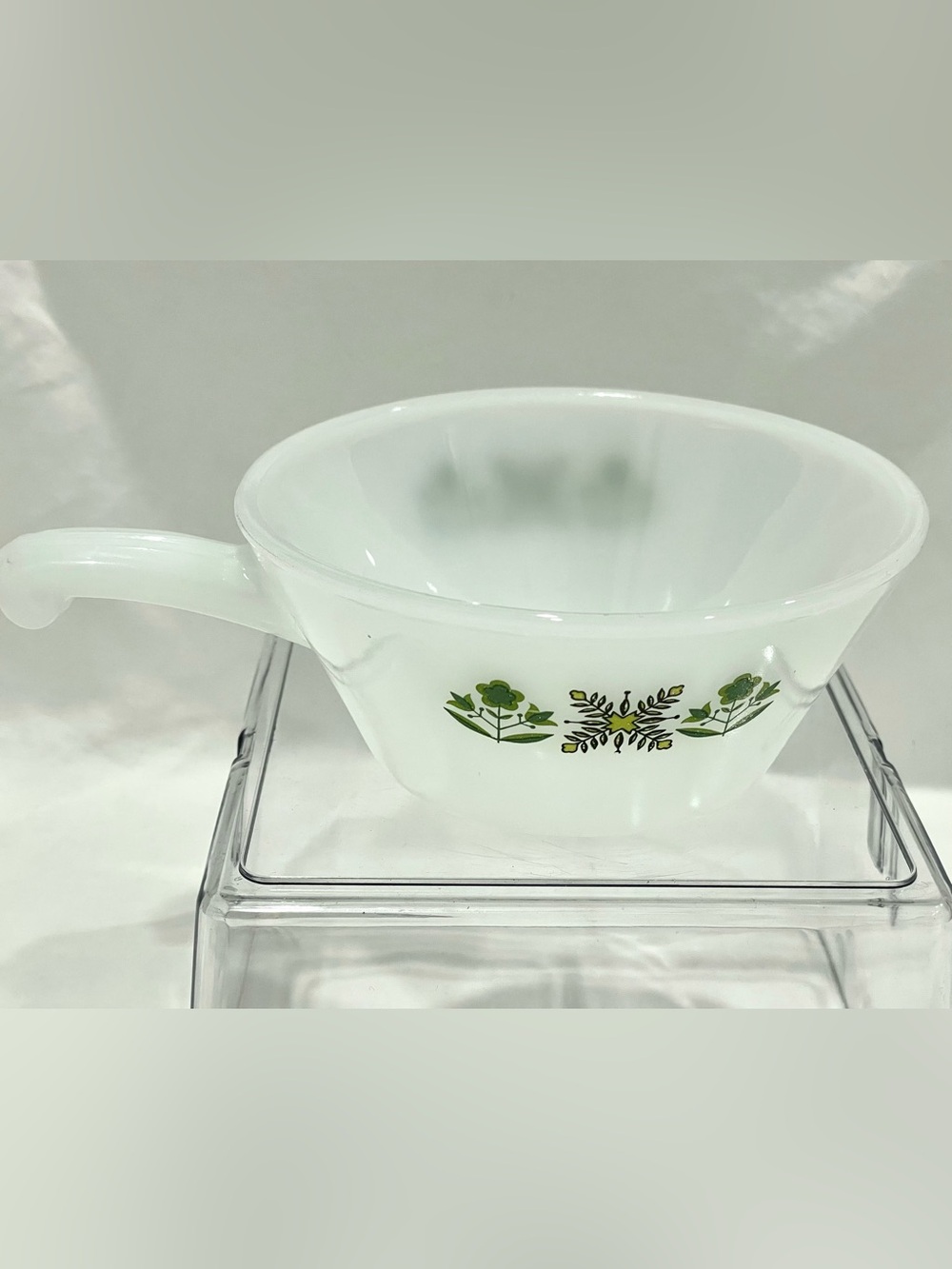 Fire King “Meadow Green” Milk Glass Soup Bowl | Green Floral Design EUC